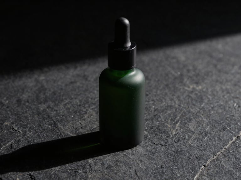 Macro shot of thick green serum in a matte black dropper bottle, low-key side-lighting, sharp geometric shadow, on a dark stone surface.
