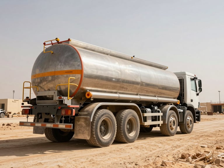 Low-angle heroic shot of a heavy-duty fuel tanker parked on an active construction site in Abu Dhabi, harsh high-contrast desert sunlight, metallic steel and amber tones, sharp focus, 35mm
