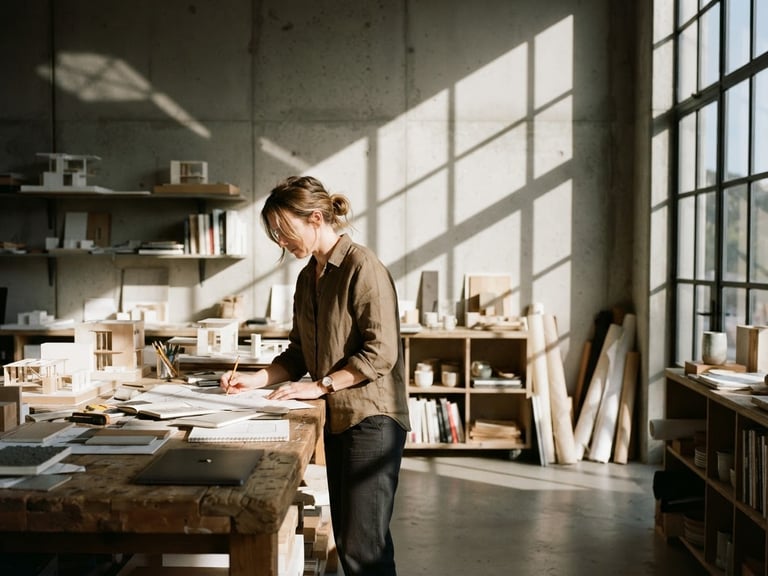 Wide environmental portrait of a designer in a concrete studio, harsh direct sunlight casting deep geometric shadows across the wall, 35mm grain, muted earth tones.