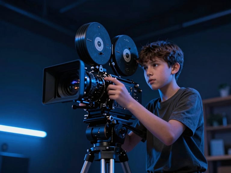 Cinematic low-angle shot of a teenager adjusting a cinema camera under dramatic neon blue gel lighting inside a dark studio space, rich dark tones, 35mm lens.