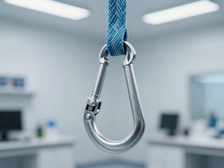 Close-up of a carabiner and climbing rope undergoing a mechanical stress test in a bright, modern laboratory, clean steel-blue tones, sharp focus, 50mm