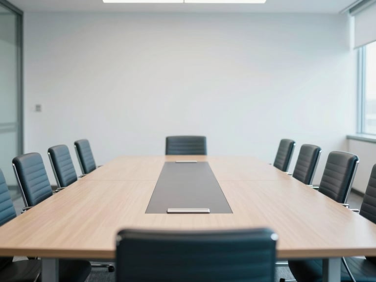 An empty, formal conference room with a large table, chairs neatly arranged, cool corporate tones, bright natural light