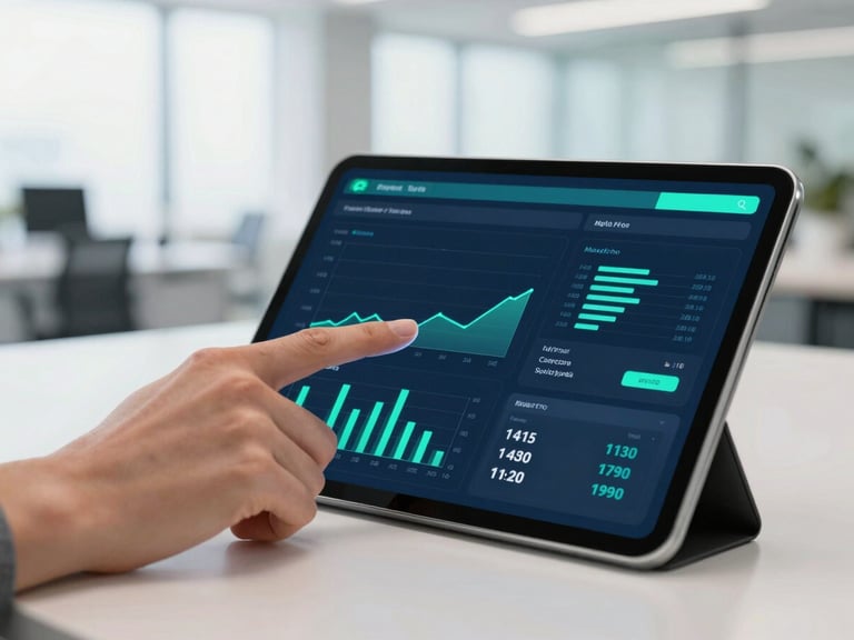 Hands analyzing a digital dashboard on a tablet, showing cash flow projections, vibrant digital teal accents, modern office light, crisp focus