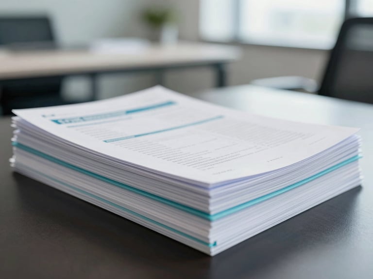 Close-up of a stack of thick, academic-looking financial reports on a dark desk, slightly out of focus, modern office light, cool corporate tones