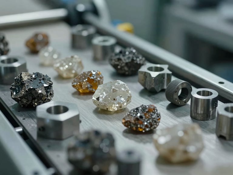 Close-up of raw industrial minerals and metal components sorted on a clean conveyor line, sharp focus, cool-toned lighting.