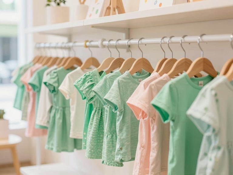 Bright interior shot of a children's boutique with new clothing racks, natural daylight, inviting atmosphere, shallow depth of field