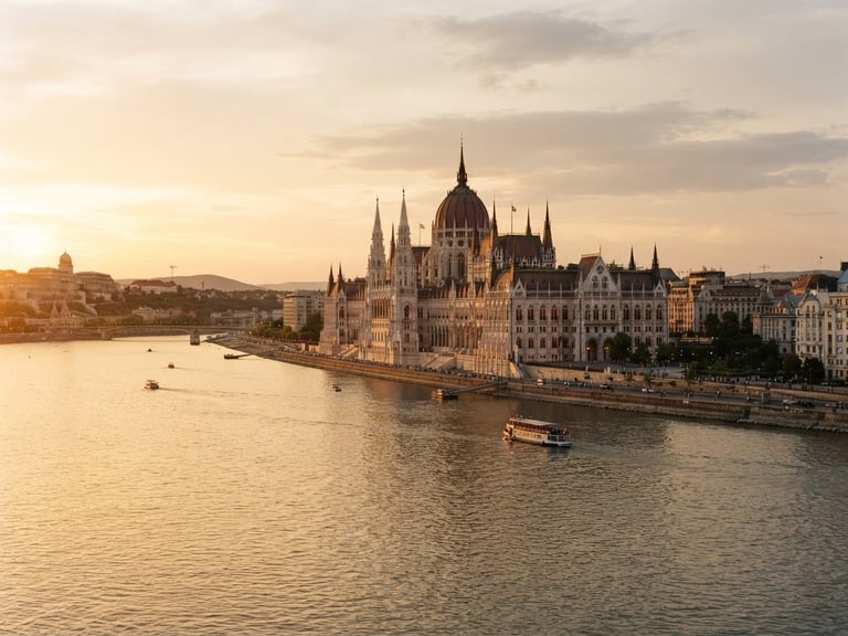 Cinematic wide shot of Budapest parliament at golden hour, low sun casting warm amber light on the Danube river, 35mm film look, editorial framing.