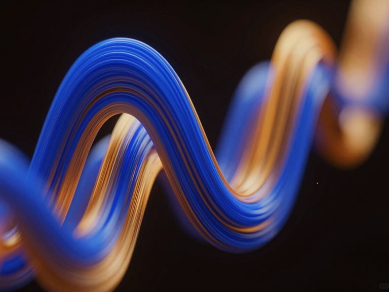 Vibrant abstract 3D digital sculpture representing continuous data flow, high-contrast electric cobalt and warm amber lighting, macro perspective.