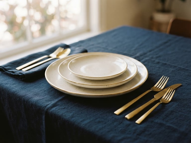 Elegant stack of premium ceramic plates and polished gold cutlery arranged neatly on a dark navy linen tablecloth, soft side window light, cinematic editorial composition