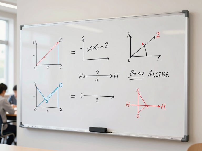 A bright modern digital whiteboard showing colorful hand-drawn physics vectors and annotations, daylight, soft focus background, clean academic aesthetic.