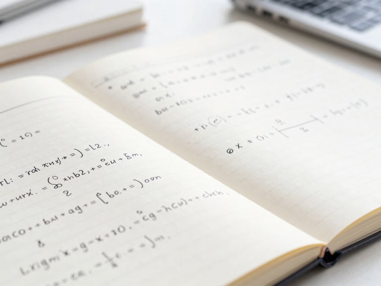 Close-up of a student's notebook with clean, structured physics equations and handwritten conceptual sketches, bright daylight, 35mm lens.