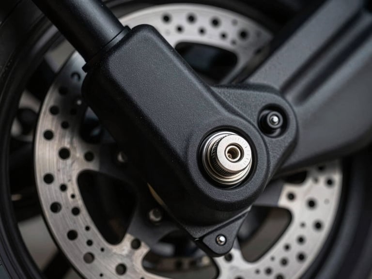 Heavy-duty matte black motorcycle disc lock with a metallic silver locking pin, macro close-up, dramatic low-key studio lighting, high-contrast details emphasizing ruggedness.
