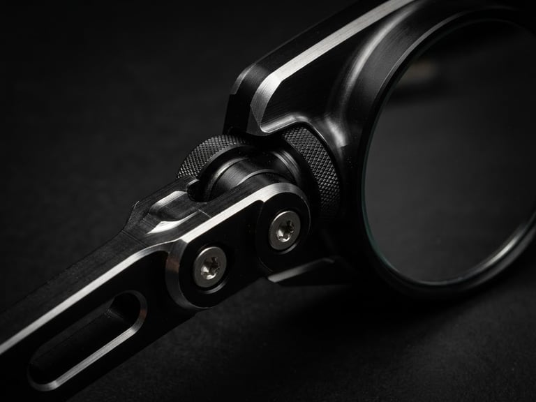 Macro close-up of a machined aluminum motorcycle rearview mirror, dramatic low-key studio lighting, metallic silver highlights, matte black background, sharp technical details