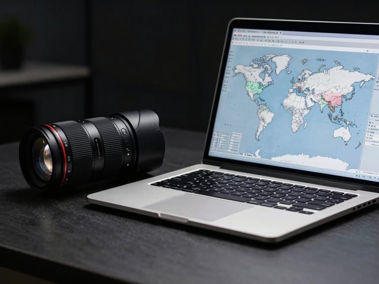 Shot of a professional, modern office desk with a laptop displaying a world map and a motorcycle accessory blueprint, dramatic low-key studio lighting, matte black and metallic silver tones, sharp macro lens, high-contrast details
