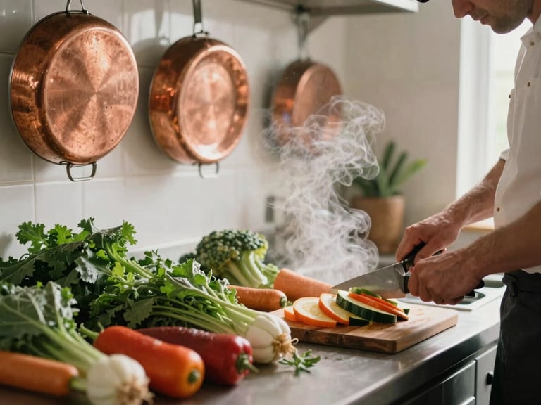 A steam-filled rustic kitchen during prep, copper pans hanging, chef slicing heirloom vegetables in soft daylight