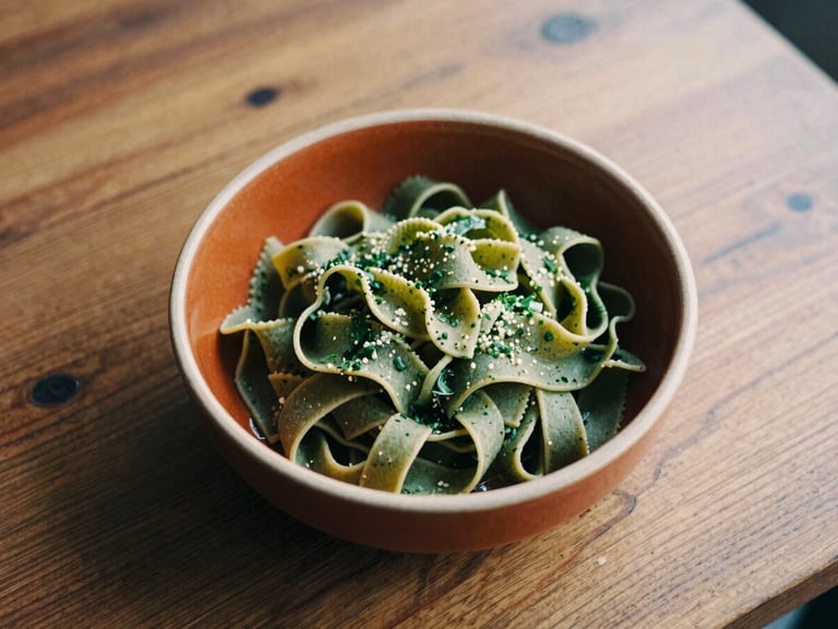 Candid overhead shot of a rustic wooden table, a warm ceramic bowl of hand-rolled pasta, soft northern daylight casting long shadows, 35mm film look.