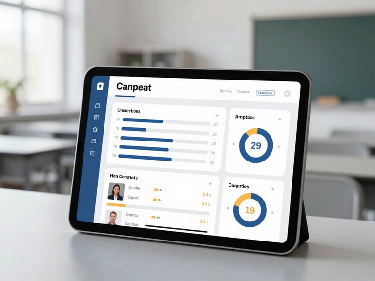 A clean, modern educational dashboard interface on a tablet screen, showing course progress bars, upcoming live classes, and language learning metrics, soft natural daylight, minimalist aesthetic.