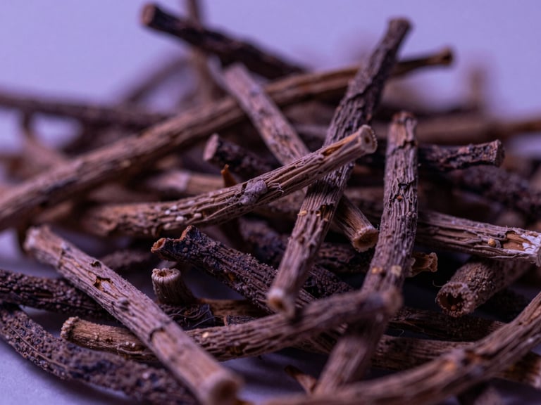 Macro close-up of dried ashwagandha root, moody editorial photography, soft purple ambient twilight, shallow depth of field