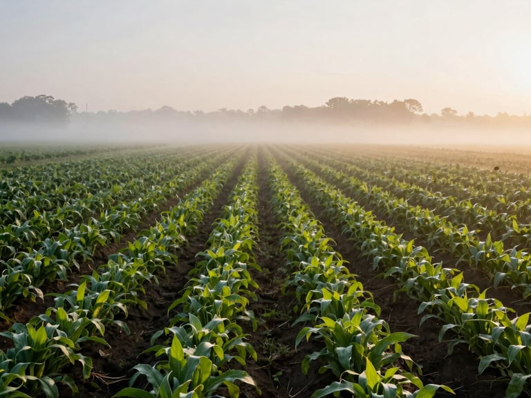 Wide panoramic view of a lush organic farm at sunrise, low morning mist clinging to the crop rows, soft directional daylight.