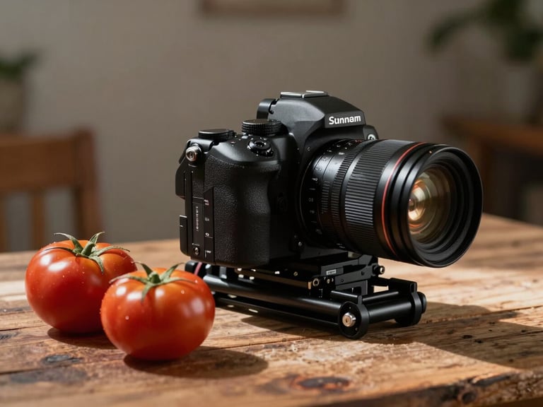 A professional camera rig positioned over a rustic wooden table with fresh heirloom tomatoes, soft side-lighting casting deep natural shadows, editorial Scandinavian style.