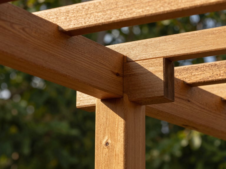 Close-up macro shot of interlocking wooden joints in a pergola, showing seamless hidden joinery, smooth honey-oak wood grain, warm natural lighting