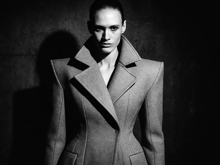Stark black and white photo of a model in a sharp architectural coat, harsh direct flash, deep concrete shadows, 35mm