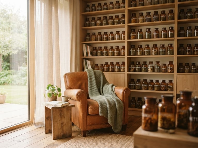 A bright, sunlit minimalist clinic library with soft linen curtains, wooden shelves with herbal jars, and a comfortable reading chair, warm natural window light, 35mm