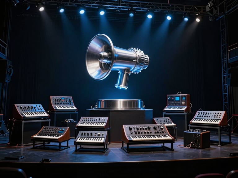 Wide environmental shot of a dark industrial stage, a glowing 3D metallic tokamat reactor icon hovering above modular synthesizer gear, cold blue strobe lighting, deep obsidian shadows.
