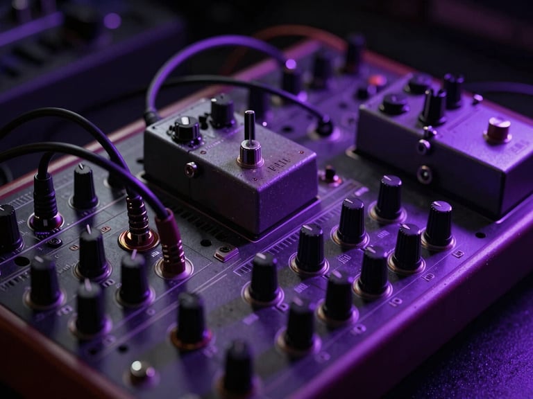 Extreme close-up of a modular synthesizer patch bay, tangled patch cables, dust-caked guitar pedals, high-contrast low-key lighting dominated by deep shadows and single-source plasma violet strobe.