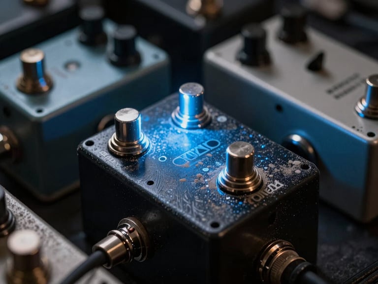 Extreme close-up of dust-caked guitar pedals and patch cables under a single cold blue strobe light, high-contrast