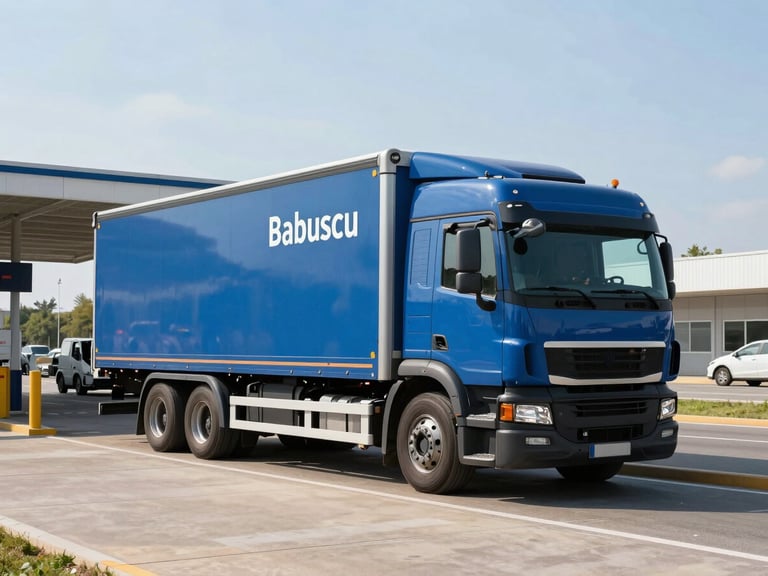 A modern Babuscu transport truck parked at a clean, bright border crossing terminal in daylight, professional and organized atmosphere, 35mm lens