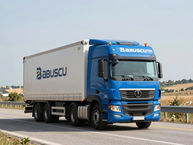 A modern clean Babuscu transport truck driving on a scenic highway between Turkey and Europe, bright daylight, professional editorial photography
