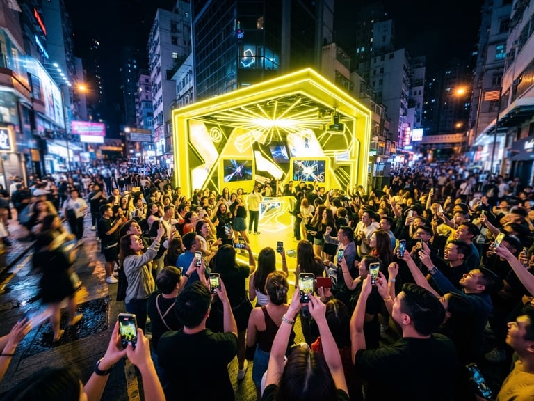 Wide-angle environmental shot of a vibrant nighttime street activation, a glowing electric-yellow branded pavilion surrounded by an energetic crowd of people pulling out their phones, dramatic high-contrast ambient lighting.