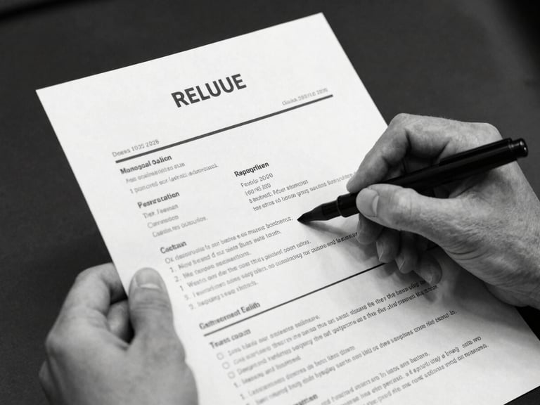 High-contrast black and white photograph of hands holding a printed resume, marking it with a black felt pen, sharp industrial lighting, 35mm documentary style