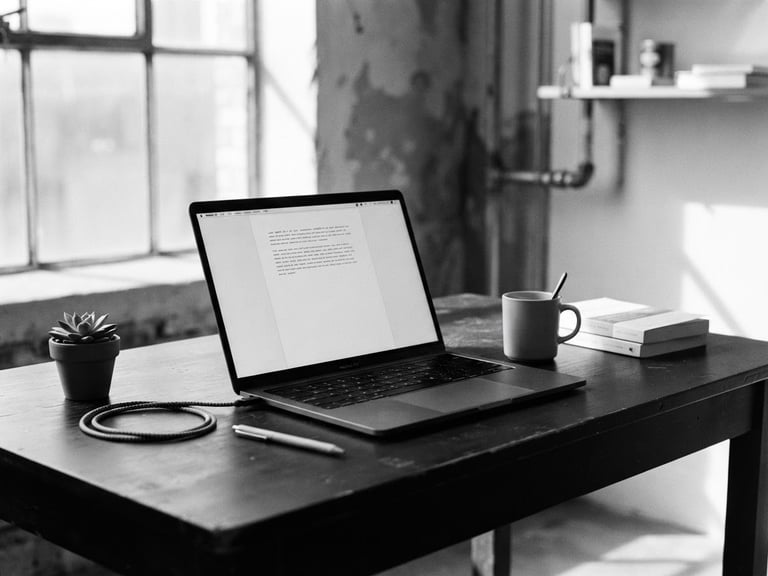 High-contrast black and white photograph of a clean home office desk, sharp industrial lighting, a single open laptop showing a clean text document, 35mm documentary style