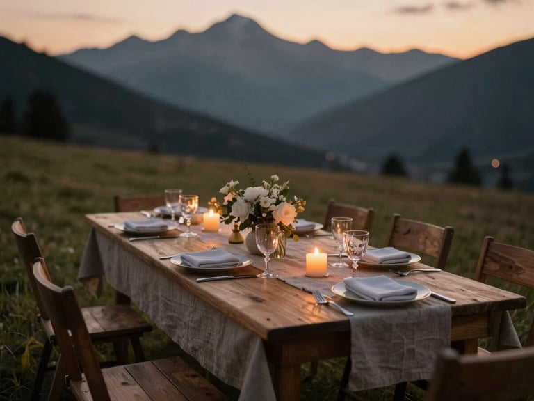 A long wooden table elegantly set with linen and iron in a dramatic mountain meadow at twilight, soft glowing candles