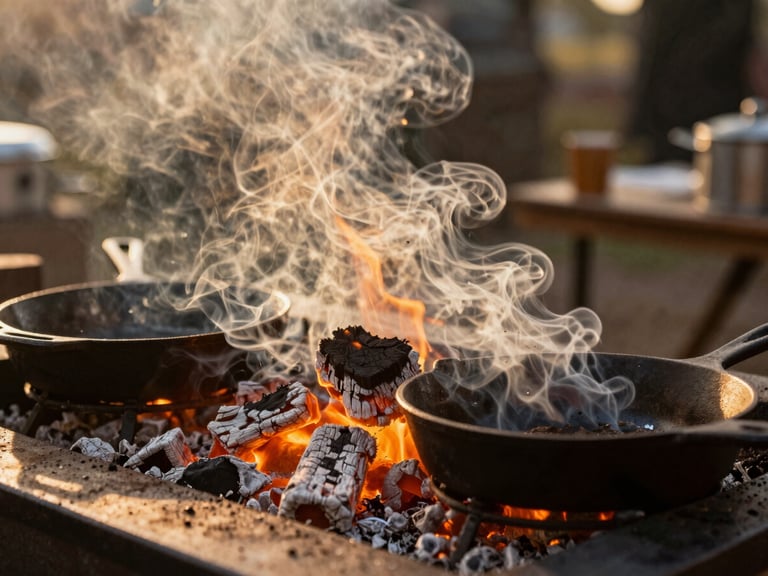 Active open-fire cooking station with glowing embers, pine wood smoke rising softly, cast iron pans catching the golden hour light