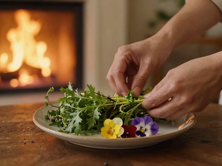 Hands carefully arranging fresh local greens and edible flowers on a ceramic plate, warm side lighting from a nearby hearth