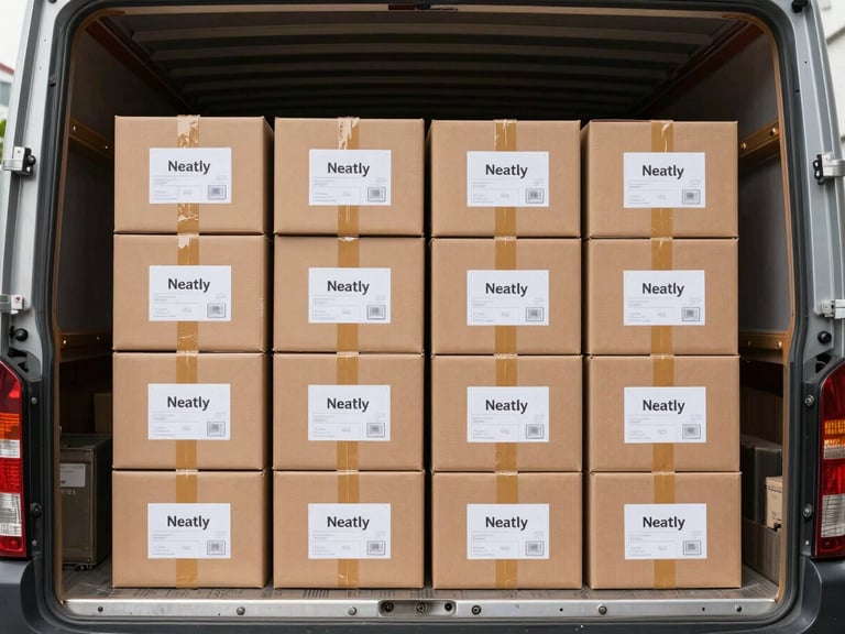 Neatly labeled heavy-duty boxes stacked systematically inside a clean, well-lit moving truck, secure strapping visible, high-contrast daylight.