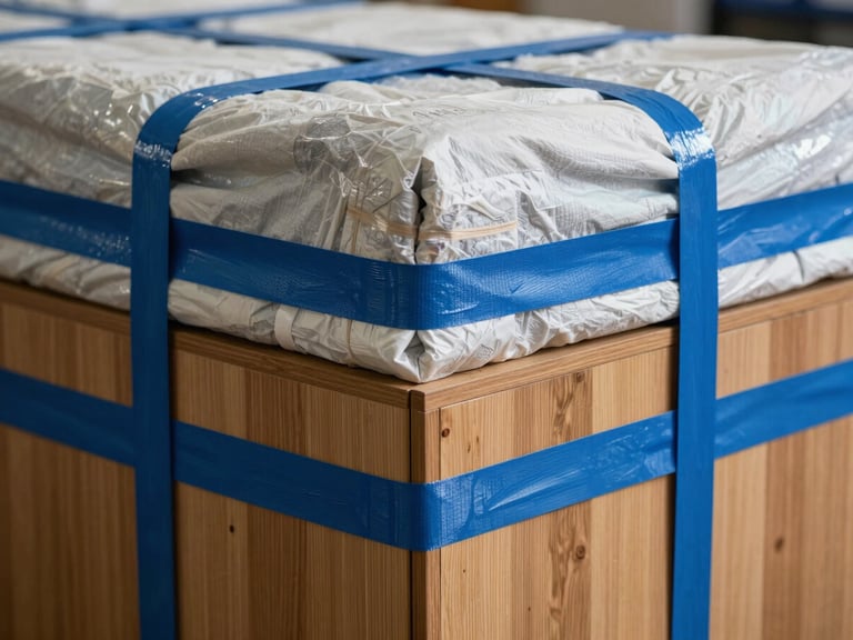 Close-up of professional packing techniques, corner of a heavy wooden cabinet wrapped in thick protective blankets and secured with heavy-duty blue strapping