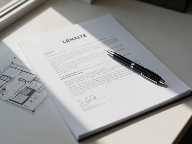 Close overhead view of a commercial lease document open on a plain desk, a pen resting on the signature page, natural window light from the left casting a soft shadow across the paper, no people, architectural plan partially visible beneath the document
