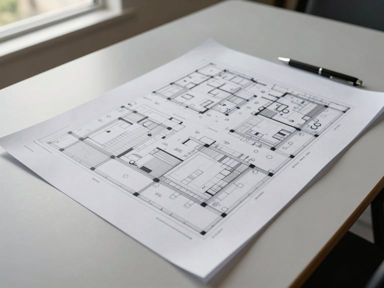 Overhead view of a large-format printed floor plan spread on a plain conference table under window light, a pen resting at the corner, clean architectural line work visible, no hands or people in frame — natural daylight from the left