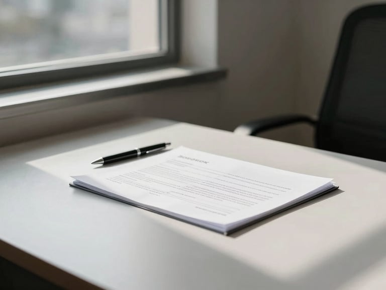 Interior of a quiet brokerage office, a property contract document open on a plain desk under north-facing window light, a pen beside it, clean workspace with no clutter — no people posing, natural diffused daylight