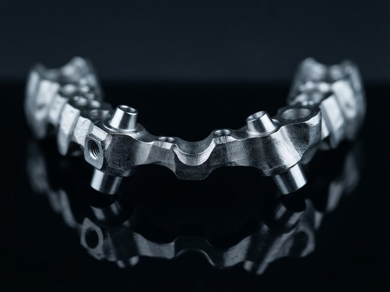 crisp macro product photography, high-contrast studio lighting, cool clinical tones, dark background, 100mm macro lens, a freshly milled titanium dental framework resting on a dark reflective surface