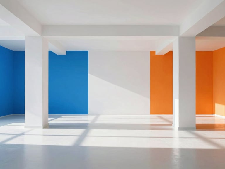 Wide architectural shot of a modern creative studio space, clean white walls, sharp shadows, minimalist grid layout, 35mm