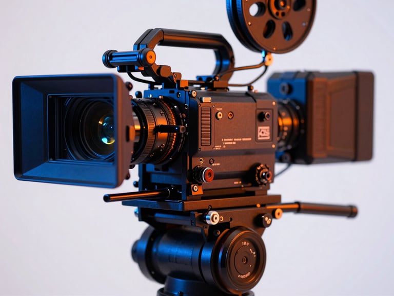 Extreme close-up of a high-end cinema camera rig in a white studio, sharp shadows, electric blue and orange gel lighting, 35mm
