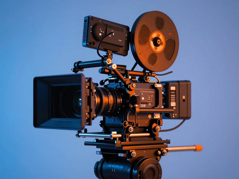 Close-up of a high-end cinema camera rig on a professional film set, high-contrast studio lighting with vibrant orange gel accents, sharp focus, 35mm