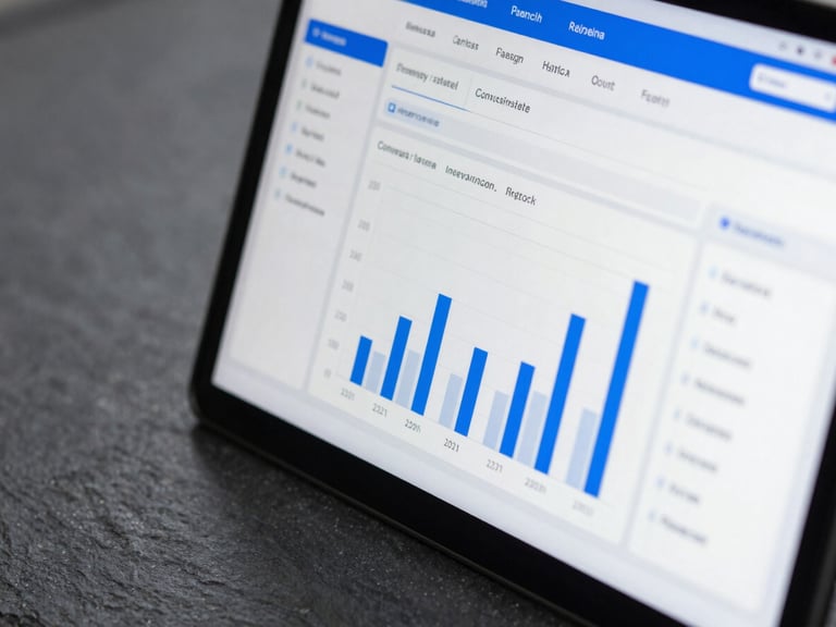 Macro shot of a clean digital analytics dashboard displaying high-performing conversion metrics, cool studio lighting, slate and electric blue tones, 50mm