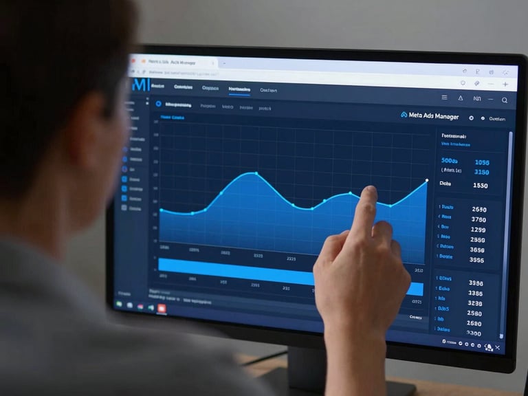 Tight over-the-shoulder view of a specialist analyzing high-contrast Meta Ads Manager graphs, sharp focus, slate and electric blue tones, 50mm