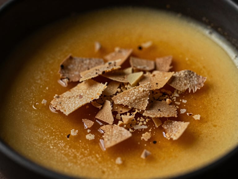 Artistic close-up of a deconstructed ginger creme brulee, with delicate ginger tuiles, moody low-key side lighting, deep shadows, warm gold and charcoal tones